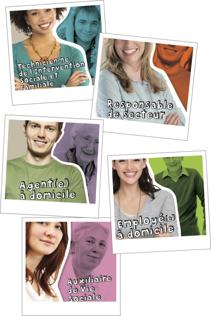 Métiers dans l'intervention sociale et familiale illustrés.