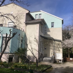 Maison avec façade bleue et jardin fleuri.